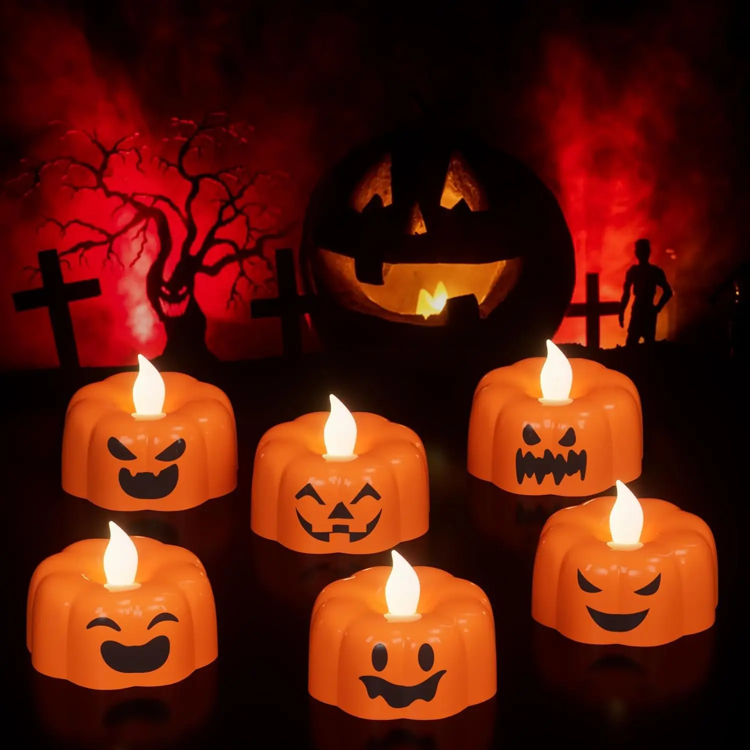 Halloween Pumpkin Flameless Candles  Operated with 6H Timer | 200 Hours Lasting  Included, Spooky  LED Votive Tealight Candles Flickering, Halloween Indoor Decor, 6 Pack