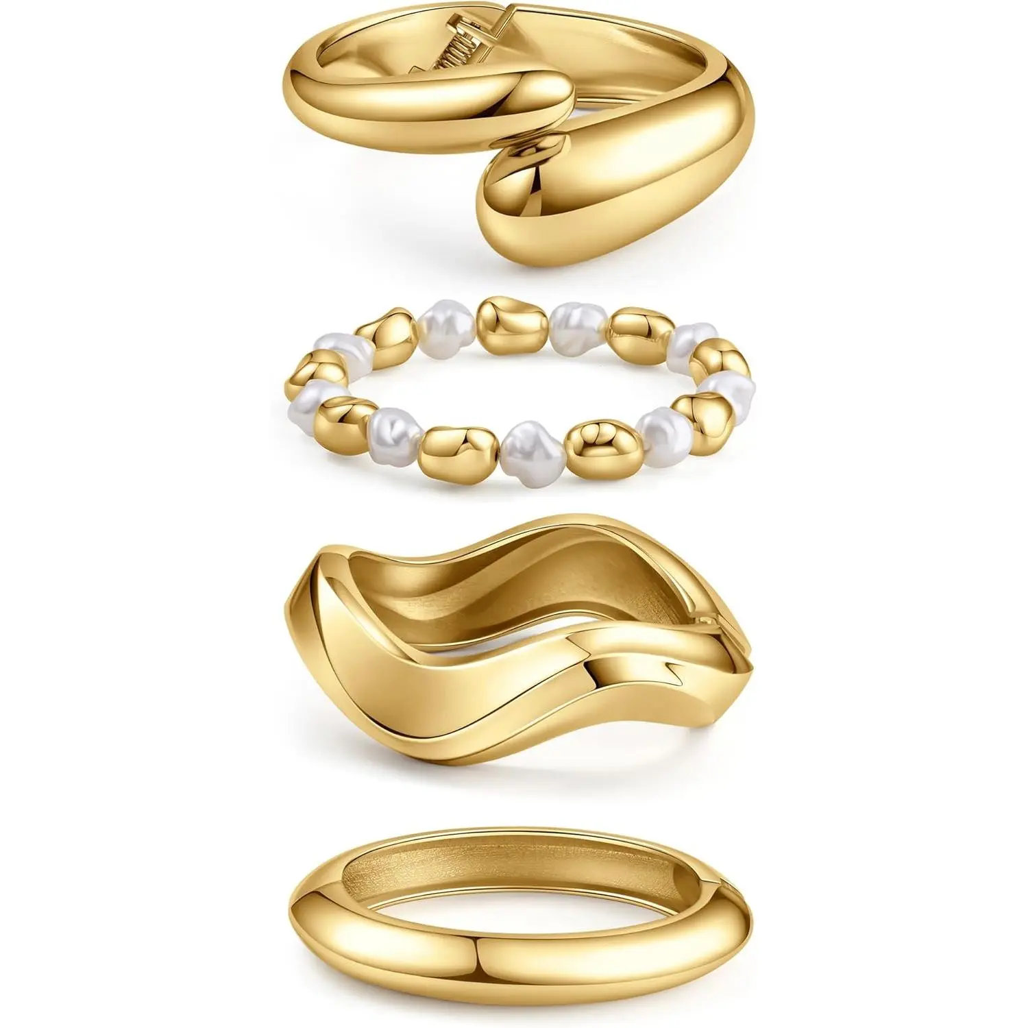 4PCS Chunky Gold Bangle Set – Wide Cuff Bracelets, Stackable Statement Jewelry Gift for Women