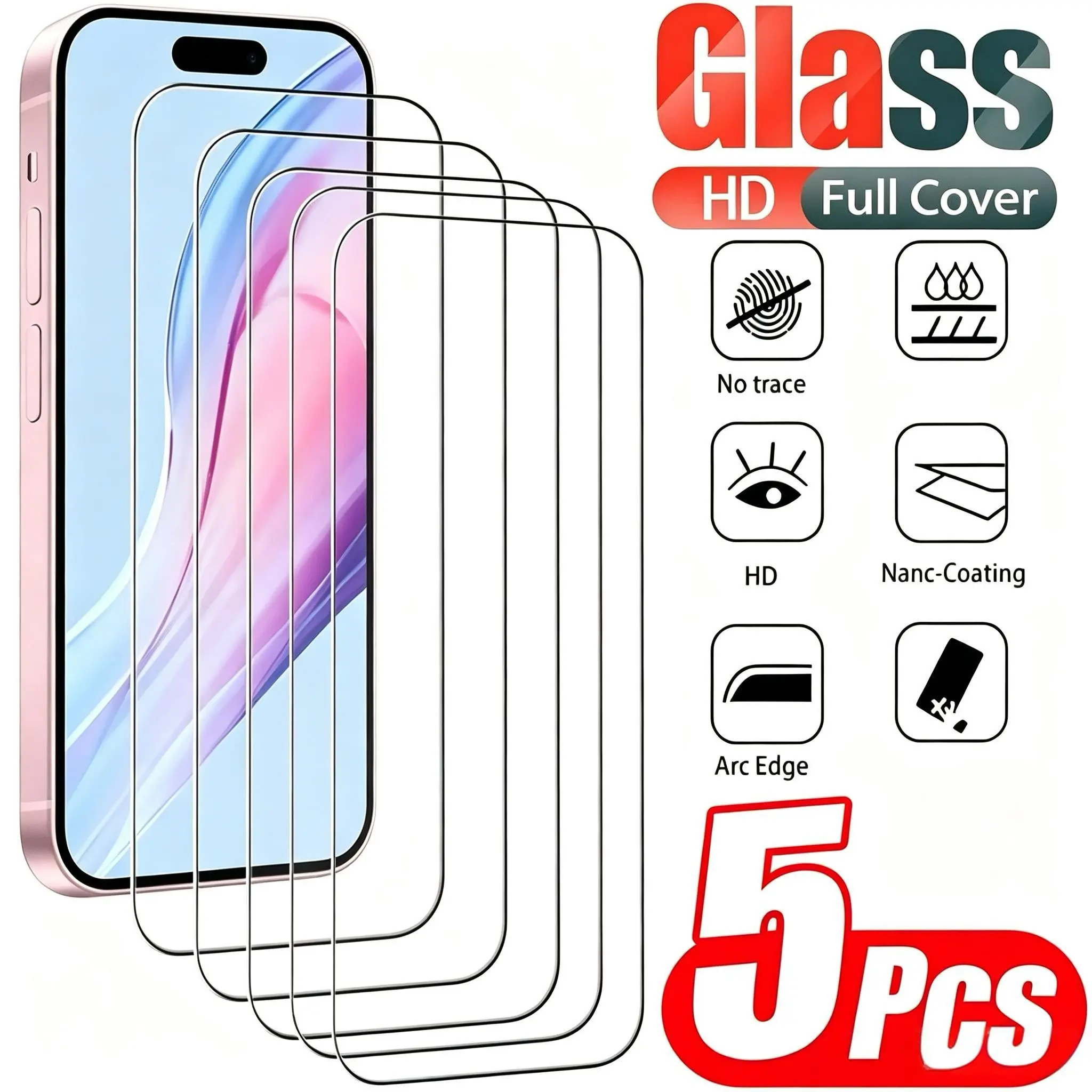 5pcs High Definition Screen Protector for iPhone 11 12 13 14 15 16 17 Pro Max Tempered Glass Film Full Coverage Clear Protective Film for iPhone 14 15 16 Plus 16e 17 Air Glass Film