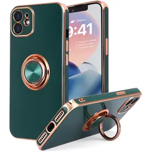 iPhone 11 Protective Casing for Smartphone, Handheld, Cellphone Devices, 2019 6.1in Soft Silicone Cover with Built-in 360° Rotatable Ring Holder, Magnetic Kickstand, Ultra Slim Edge Plating (Dark Green)