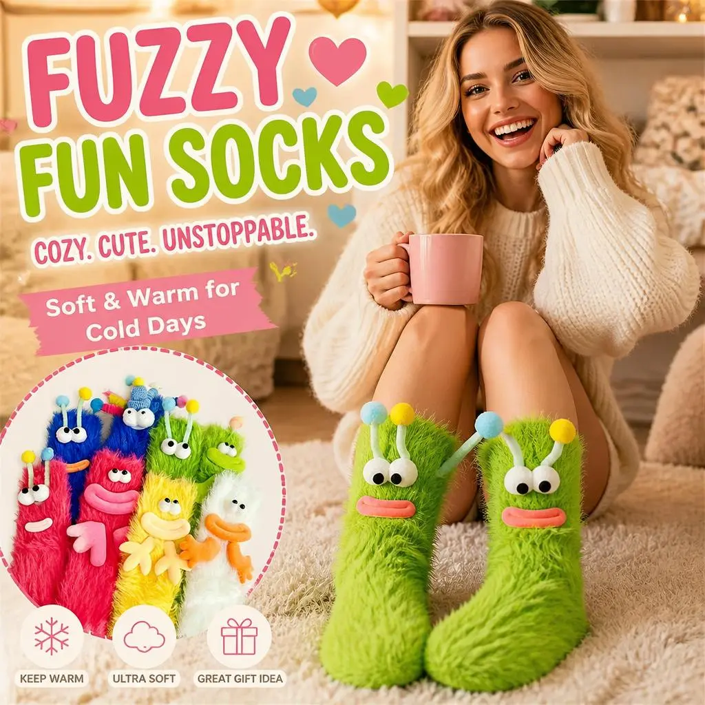 Women's Cute Monster Plush Crew Socks - 2/5 Pairs Soft Cotton Lady Female Socks, Machine Safe Year-Round Cozy Funny Cartoon Fluffy Novelty Sports Gift