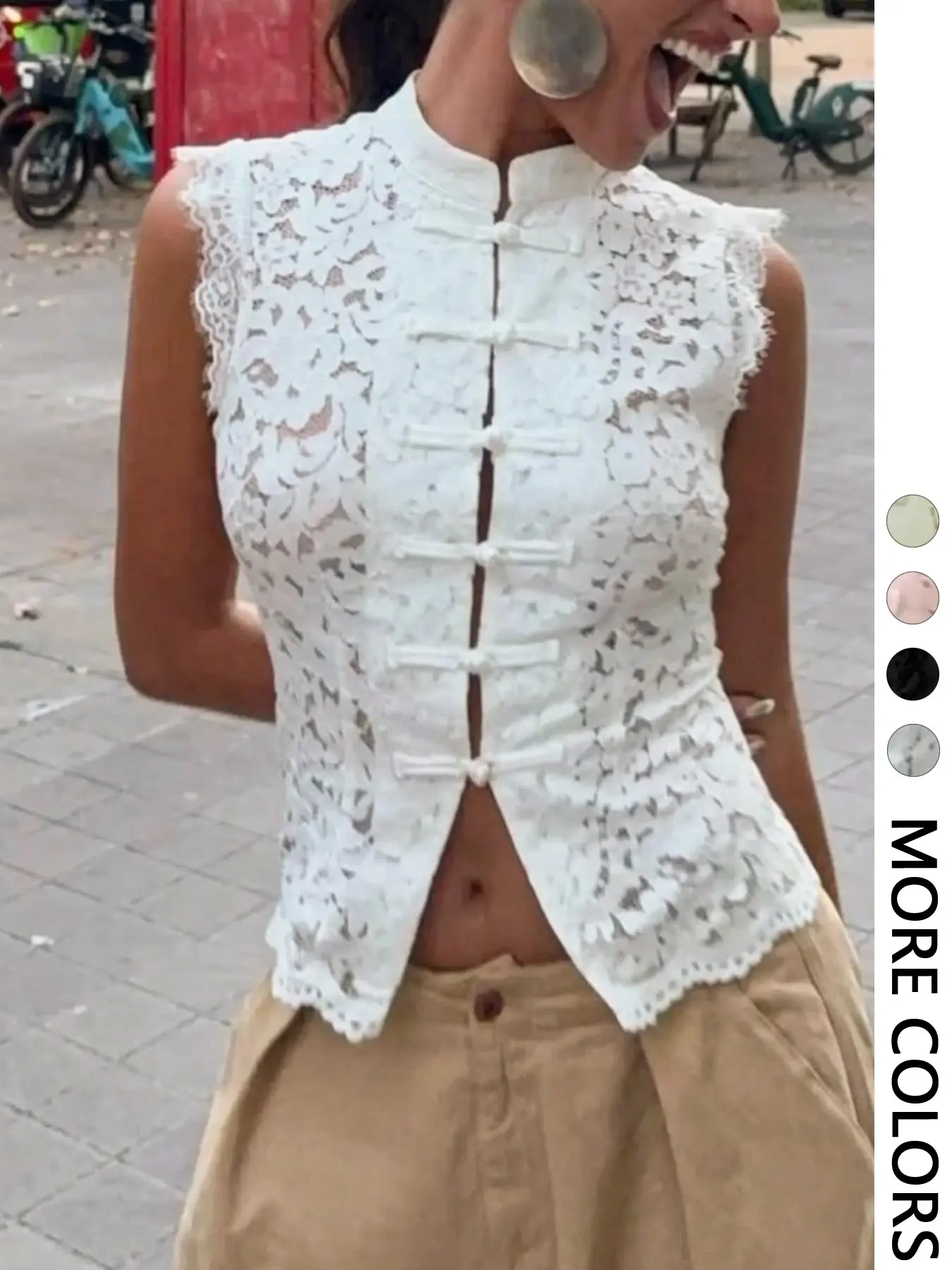 Women's White Lace Mandarin Collar Top for Spring/Summer, Frog Button Sleeveless Cropped Blouse, Y2K Coquette Chinese-Style Top for Daily Wear, Vacations and Date Nights