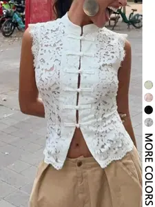 1 Spring Summer White Lace Mandarin Collar Top Women | Frog Button Sleeveless Cropped Blouse | Y2K Coquette Chinese Style for Daily Vacation Date Night Wear