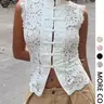 Women's Spring Summer Stand Collar Button Front Lace Vest, Floral Cut Out Hem, Lightweight Breathable Slim Fit, Casual Street Style Aesthetic Top, Fashion Vest