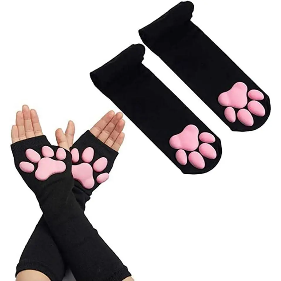 Cute Cat Paw Mittens Gloves, Kawaii Cat Cosplay Kawaii Soft 3D Toes Beans Fingerless Cat Claw Paws Pad Sleeve