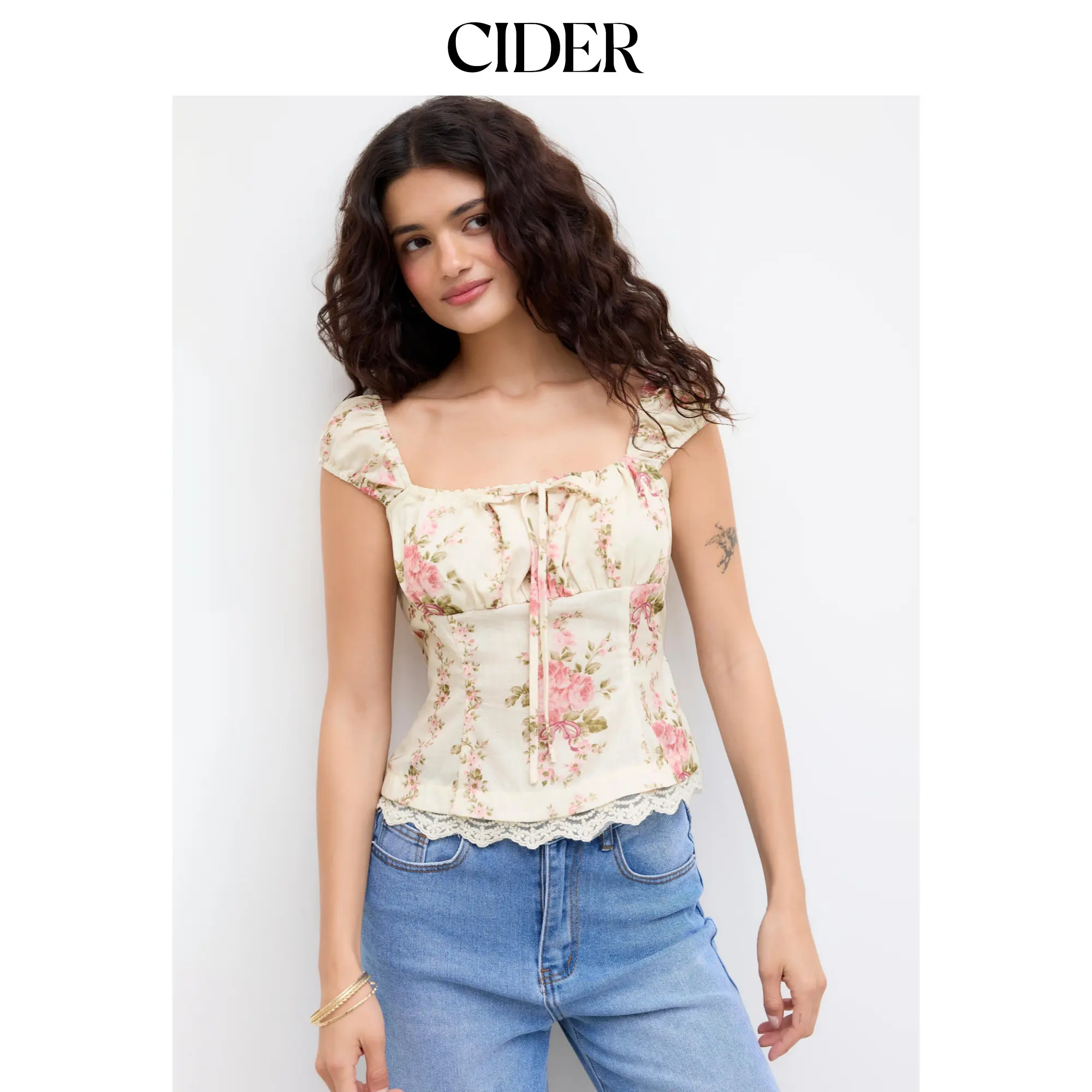 Cider Floral Lace Trim Ruched Knotted Tank Top SummerWins SummerFinds