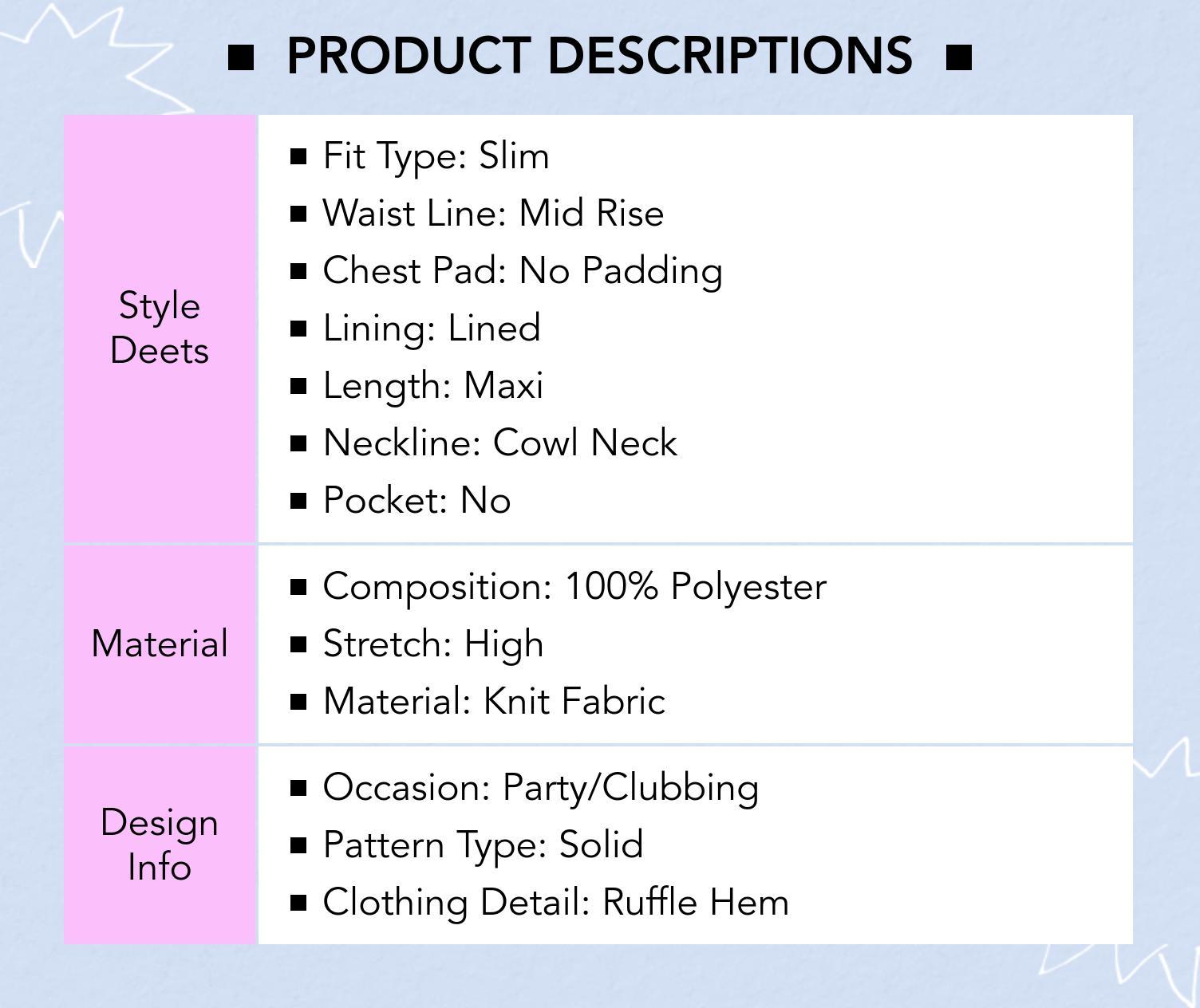 Cider [5 colors, size 0-26] Cowl Neck Solid Sequin Ruffle Hem Maxi Dress