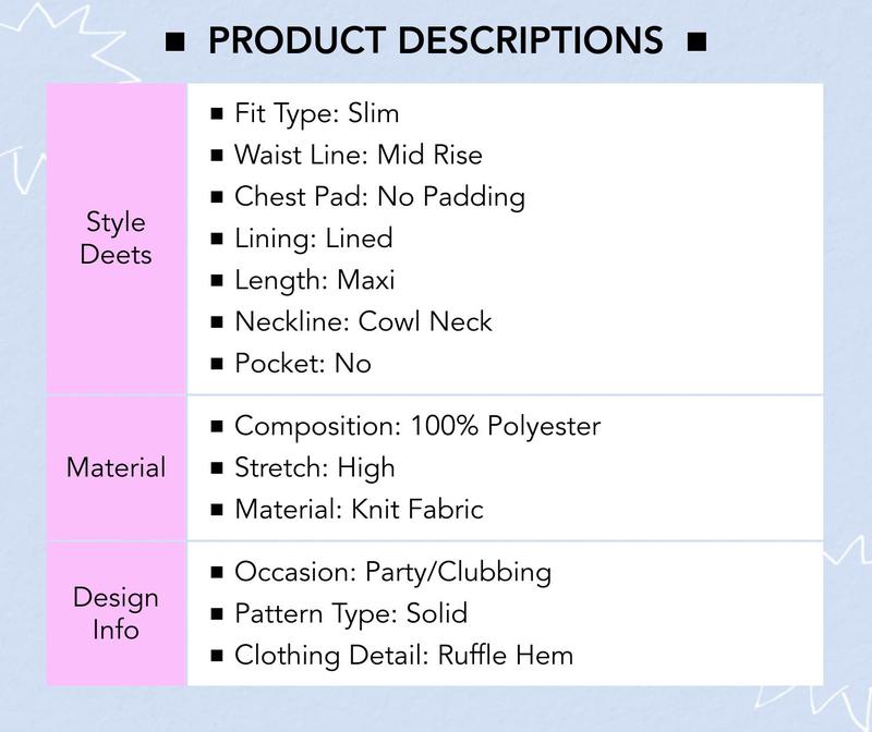 Cider [5 colors, size 0-26] Cowl Neck Solid Sequin Ruffle Hem Maxi Dress