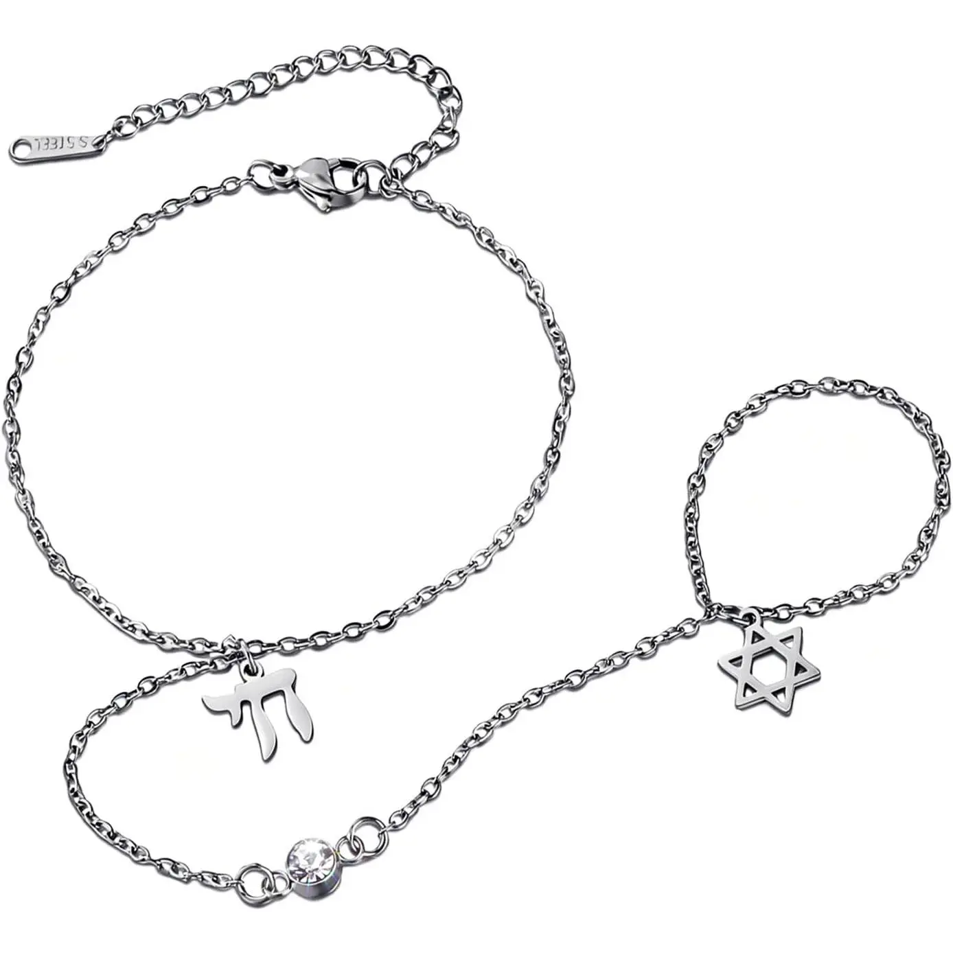 Hand Chain Bracelets for Women  of David and Chai Hebrew Bracelets Stainless Steel Cubic Zirconia Link Chain Bracelets Jewish Religious