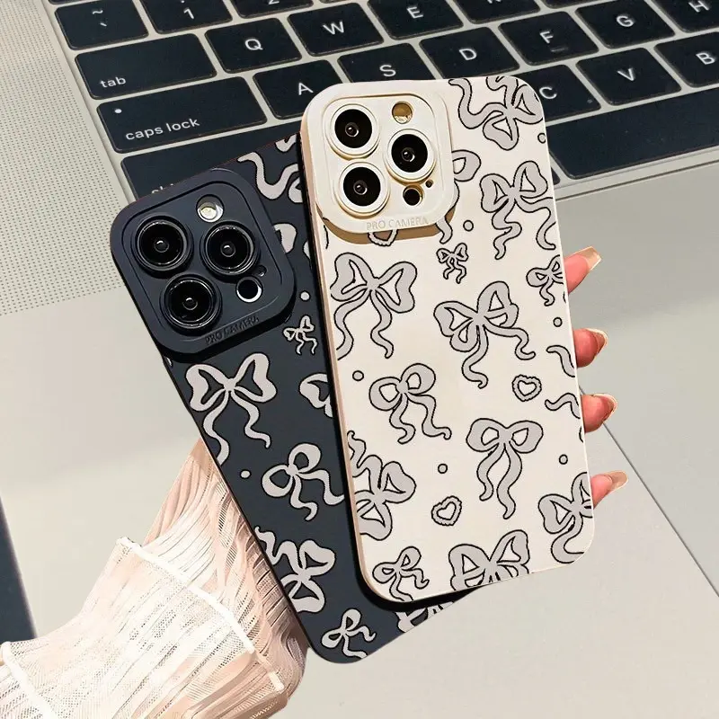 A Large Bow Black And Ivory White Pupil Eyelet Phone Case, Suitable For Apple iPhone 17 16 15 14 13 12 11 XS XR X Mini Plus Pro Max 16E Series, Durable Phone Cover, Cute Gift