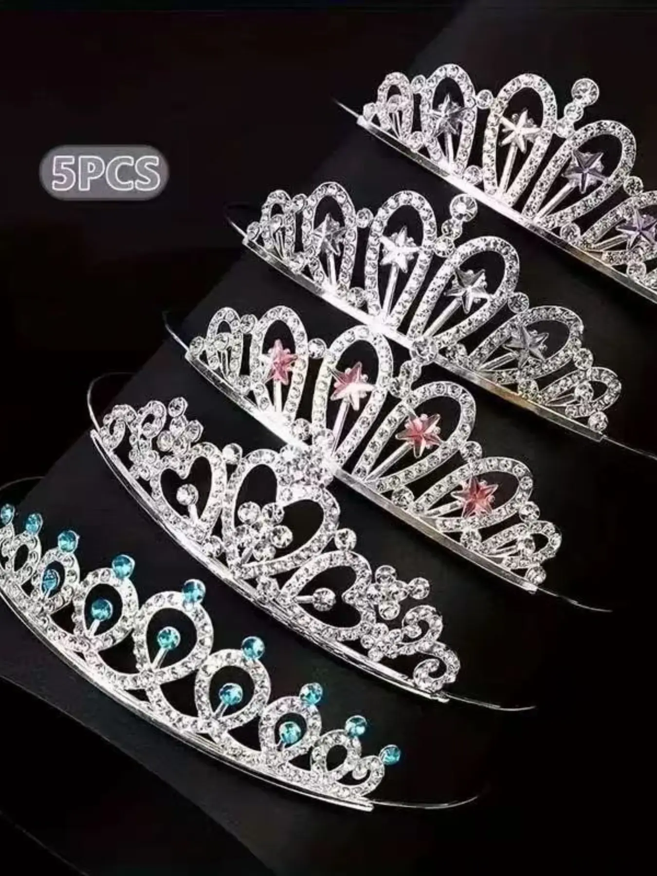 5 Piece Silver Color Princess Crown Hairbands Set, Perfect Birthday Party Gift for Girls, Fashion Alloy Headwear Accessories, Crystal Headband Set