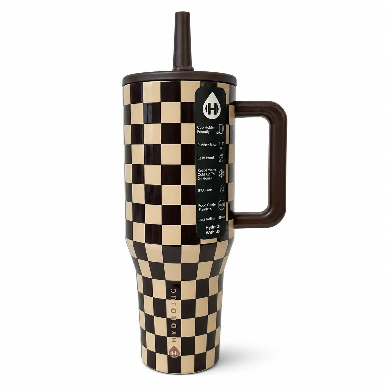 HydroJug 40oz Stylish Checkered Print Vacuum Flask Tumbler with Handle, Straw, Food Grade Leak-Proof Heat-Resistant Insulated Cup for Car, Office, Flasks
