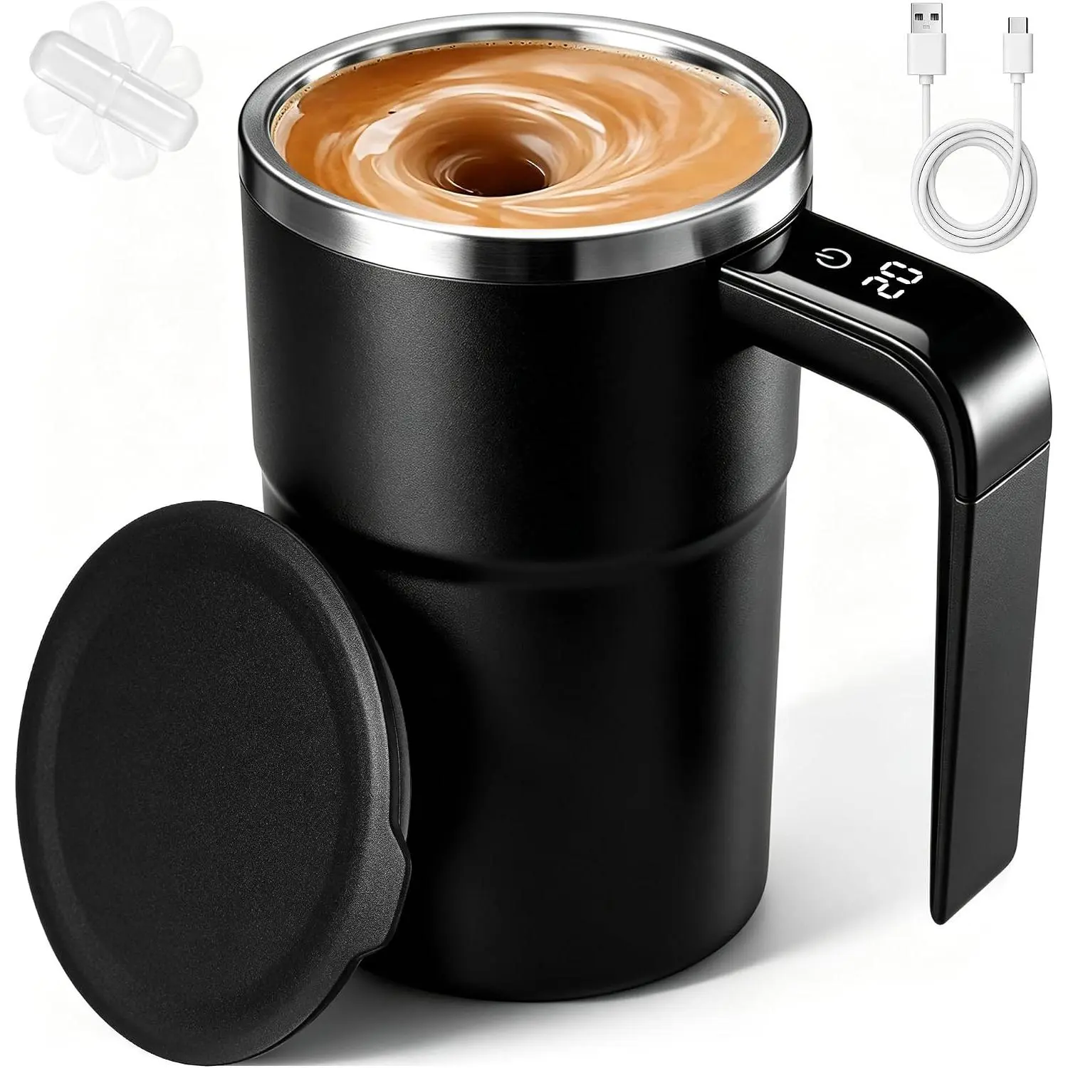 380 ml Self Stirring Coffee Mug, Rechargeable Self Stirring Mug with 7000 RPM Temperature Display 316 Stainless Steel,  Automatic Mixing Cup for Coffee Milk Cocoa Beverages, Black