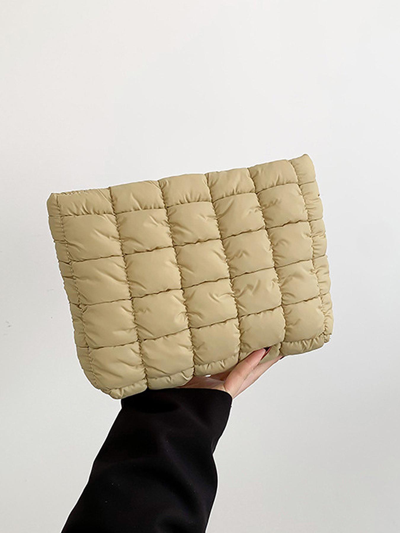 Solid color quilted design clutch bag, large capacity zipper travel storage bag, women's portable travel storage bag, back to school season, suitable for daily commuting and travel, school portable bag, Quilted Purse