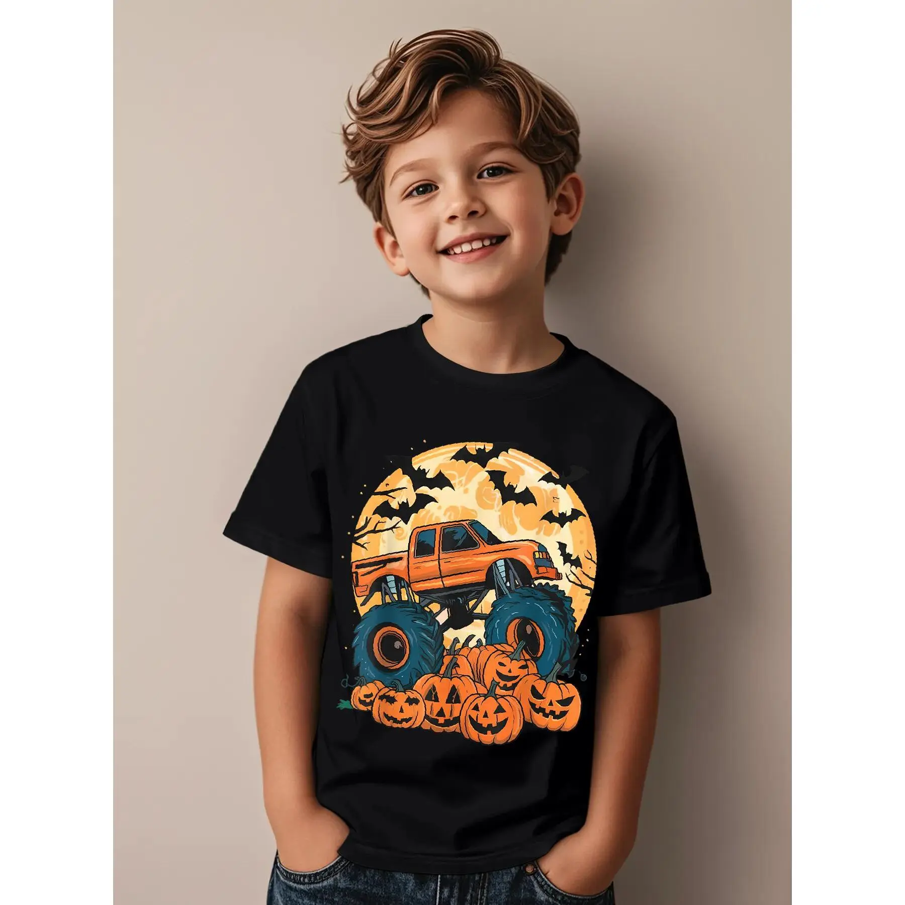 Ghost Truck Moon Pumpkin Toddler Boys Halloween Teens Kids Novelty Aesthetic Graphic Kid T-Shirt Popular Kid T Shirts Streetwear Tops Tees for Kid