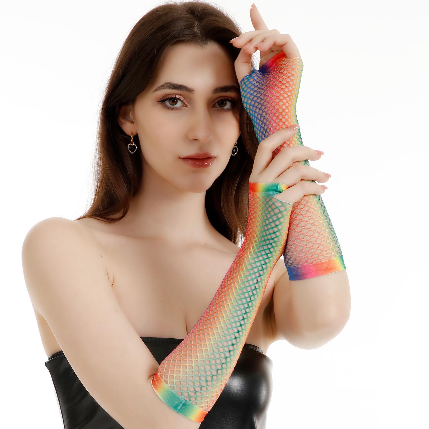 Medium and long colorful printing stretch rainbow fishing net gloves cosplay show party accessories