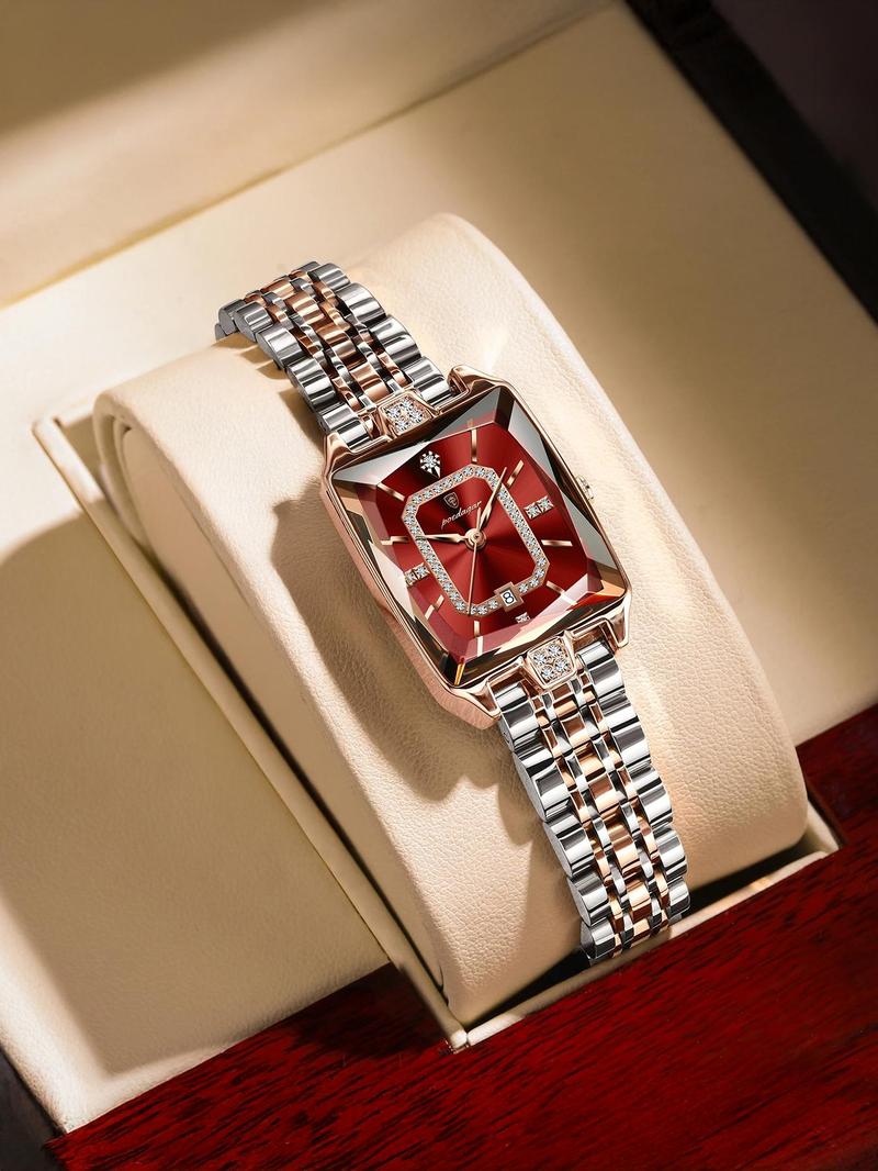 Women's Elegant Rectangle Dial Analog Quartz Watch, Exquisite Trendy Wristwatch, Fashionable Watch for Women As Gift with Box, Stainless Steel Watches