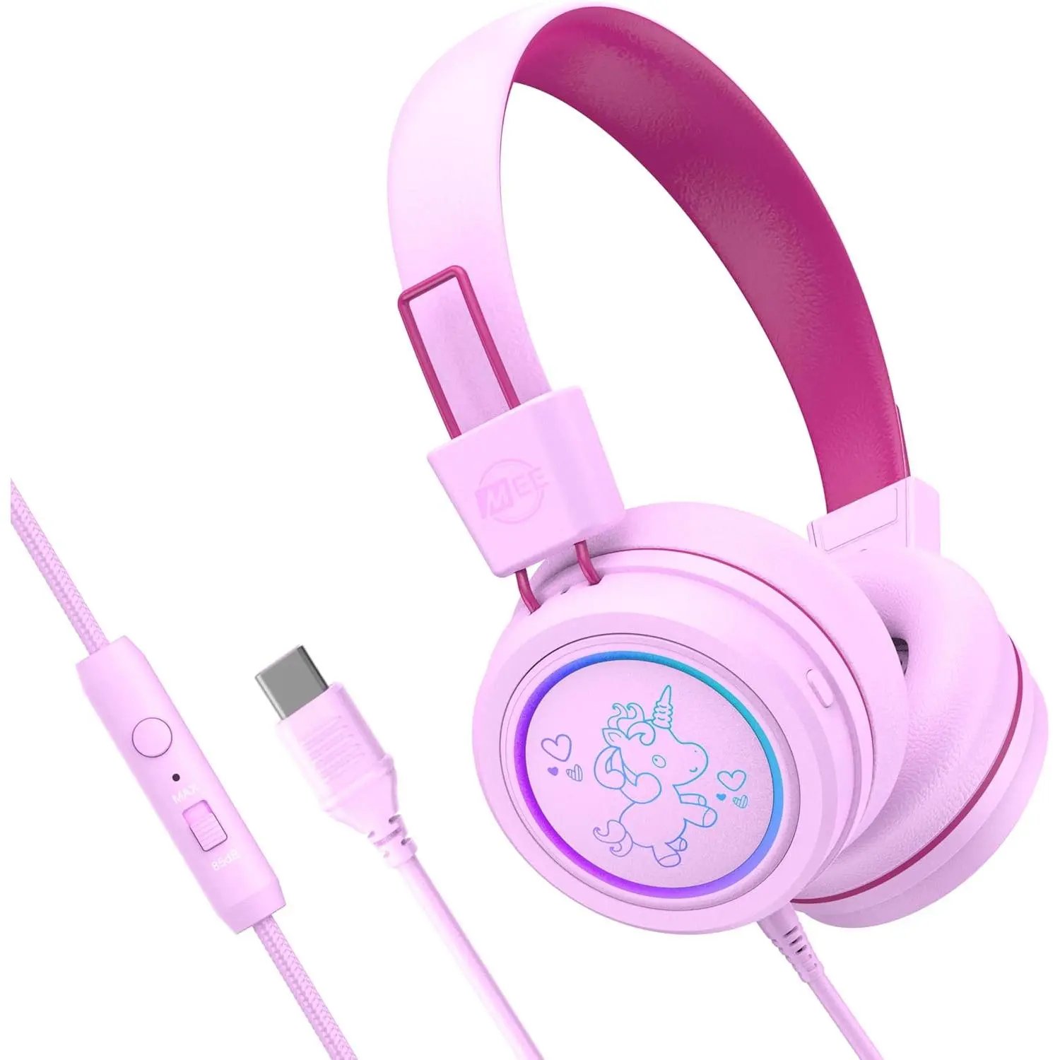 KidJ KJ55 Safe Listening USB-C Headphones for Children with Multicolor LED Lights, Volume Limiter, & Microphone; On-Ear Wired Kids Headset for iPhone 16, iPad, & USB Type C Devices (Pink)