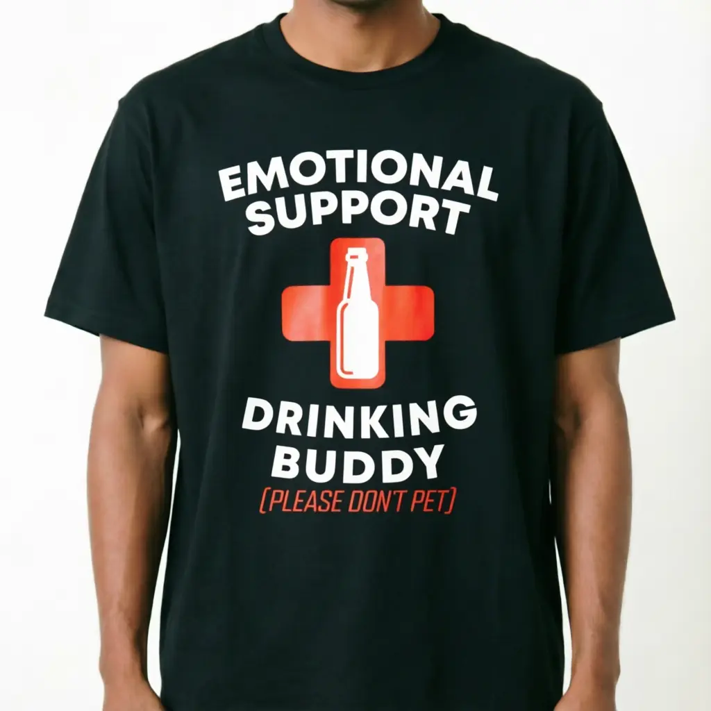 Unisex Emotional Support Drinking Buddy Adult Funny Drinking Cotton T-Shirt Casual Amer tshirt ican good Graphic Crewneck Shortsleeve Black White Vintage Tee soft fabric trendy menswear apparel top american usa men beer meme gifts everyday