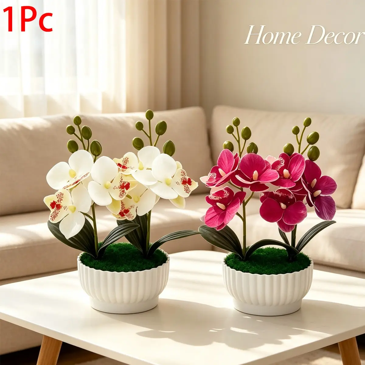 Artificial Phalaenopsis Orchid Plant Set in Pots, Realistic Fake Flowers, 4 Color Variants, Low-Maintenance Decor for Home & Office
