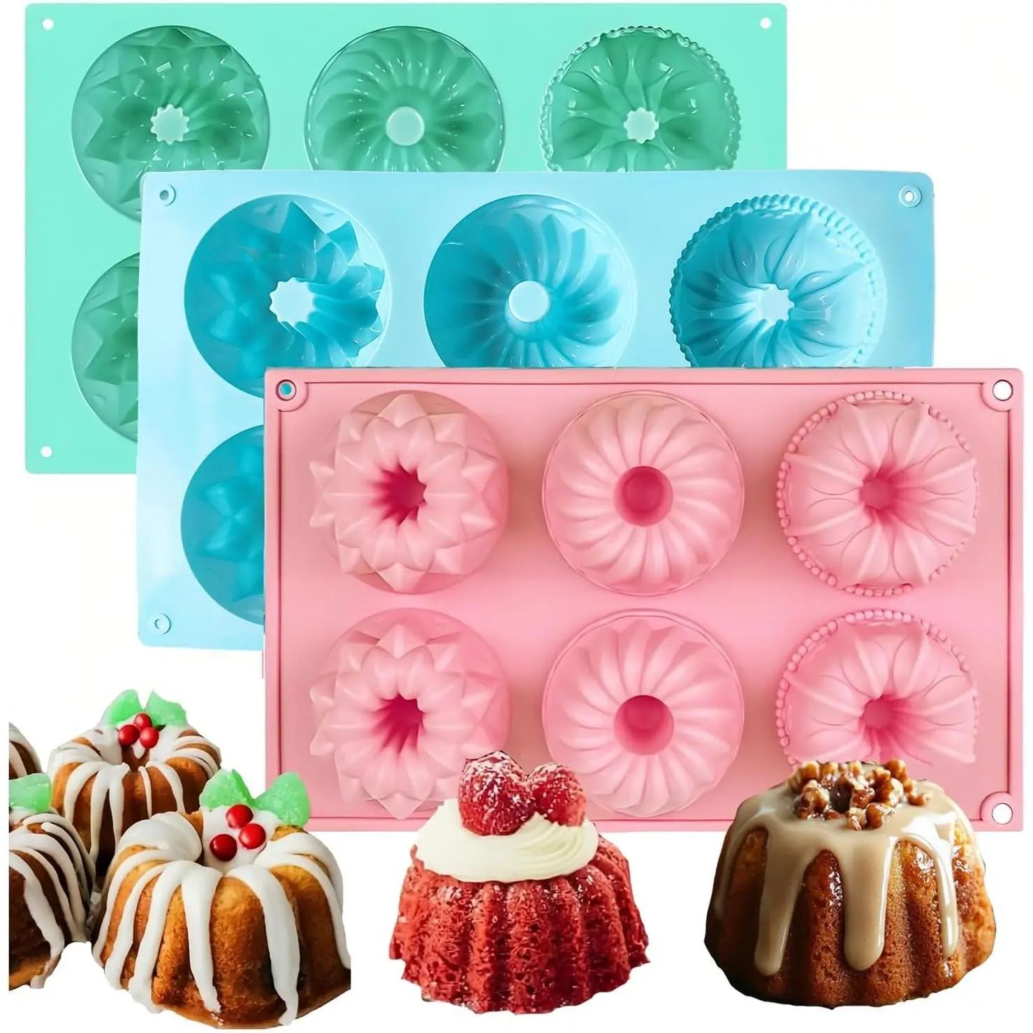 3pcs Compact Set Silicone Fluted Tube Cake Pans - 6-Cavity Flute Pattern Tube Shape Baking Molds, Non-Stick for Chocolate/Brownies