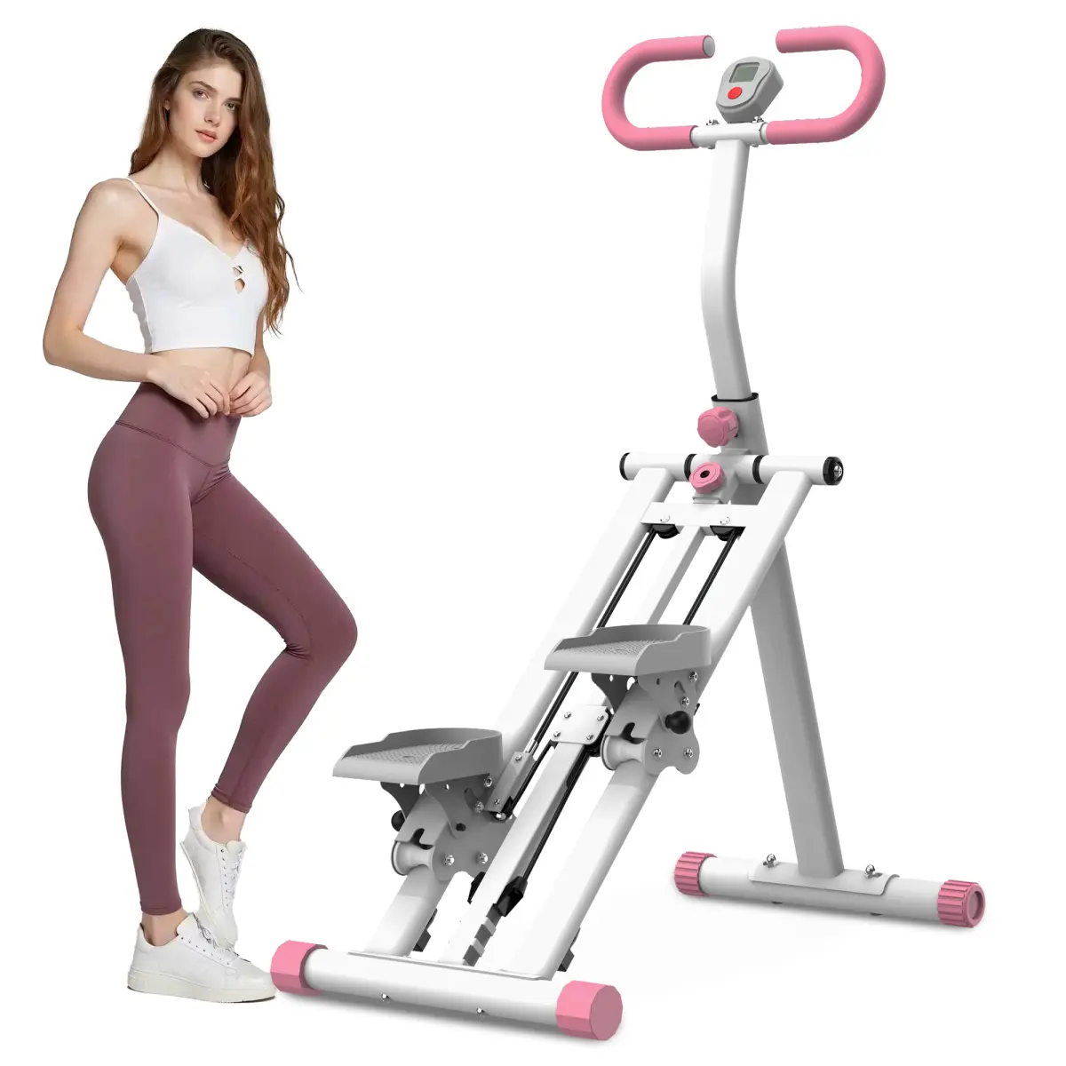Pink Vertical Stair Stepper Machine - Unisex Home Fitness Equipment (Q235 Steel Triangular Frame, Adjustable Handlebar/Resistance, Folding, Exercise Data Display, Anti-Skid Rubber, 265lbs Capacity) for Full Body Climbing & Workout, Abs+Rubber Support, Ful