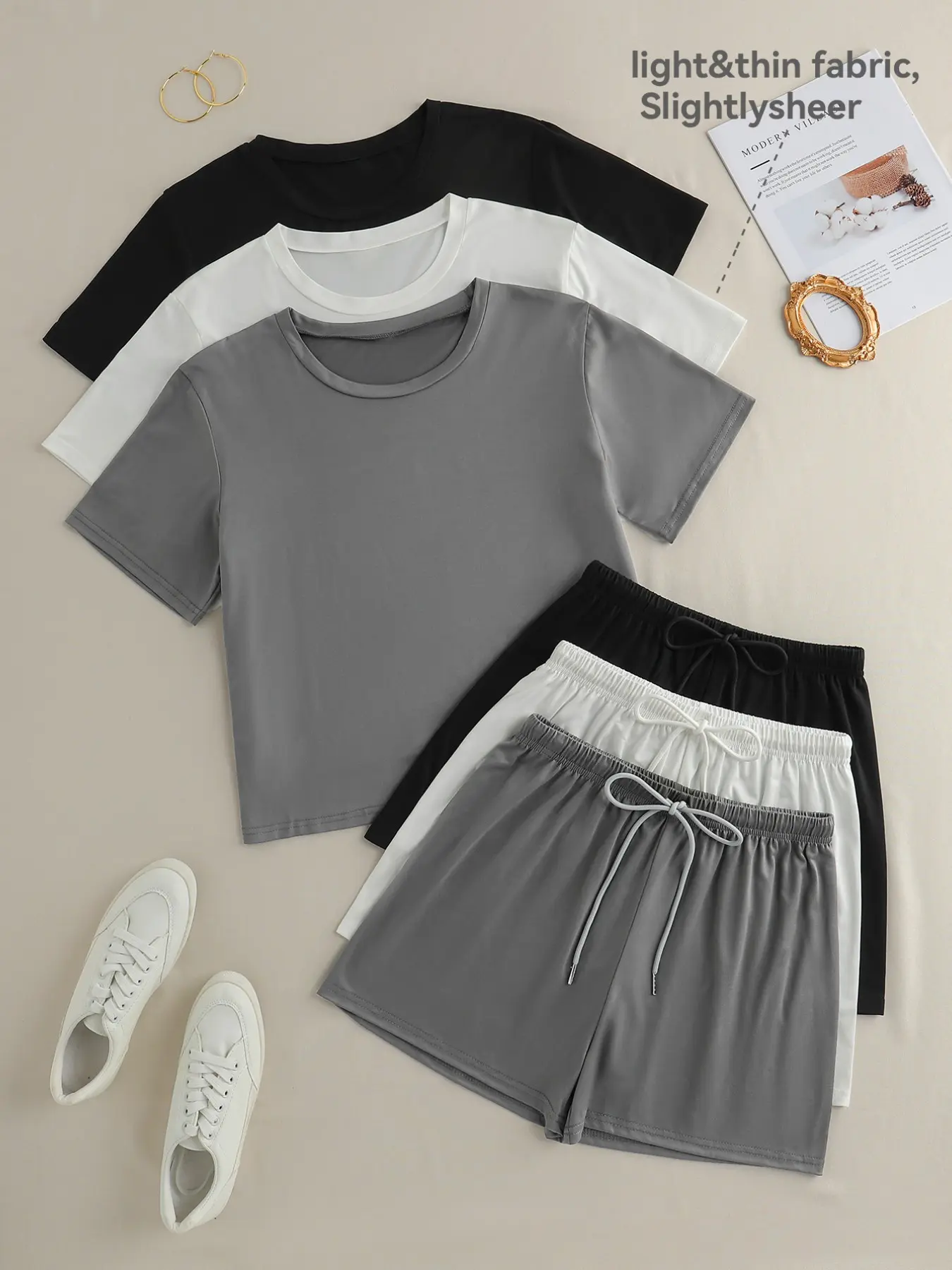 3 Sets Comfortable Women's Sleepwear, Short Sleeve Round Neck Top and Cozy Drawstring Shorts, Ideal for Nights and Leisure Days, Loungewear