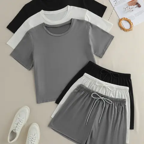 3 Sets Comfortable Women's Sleepwear, Short Sleeve Round Neck Top and Cozy Drawstring Shorts, Ideal for Nights and Leisure Days, Loungewear