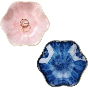 2PCS Lotus Leaf Shape Ring Holder Dish, Small Key Bowl, Ceramic Trinket Tray Jewelry Dish Organizing Necklace Earrings for Mom Friend Sister, All Jewelries Are NOT Included. Blue+Pink.