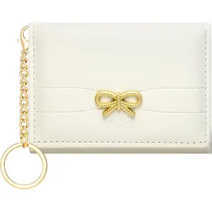 Bow Wallet for Women, Small Slim Trifold Womens Wallet with Key chain Cute Aesthetic Card Holder ID Window for Girl (White)