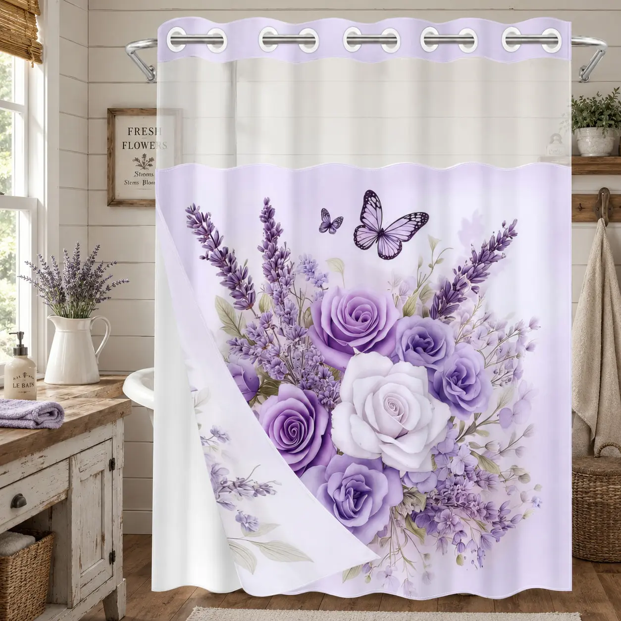 1 PC No Hook Double Layer Pretty Shower Curtain, Floral Shower Curtains For Bathroom, Lavender Rose & Butterfly Print Bath Curtain, Removable Snap-in Liner & Top See-Through Window, Waterproof Mildew Resistant, Machine Washable Durable Fabric