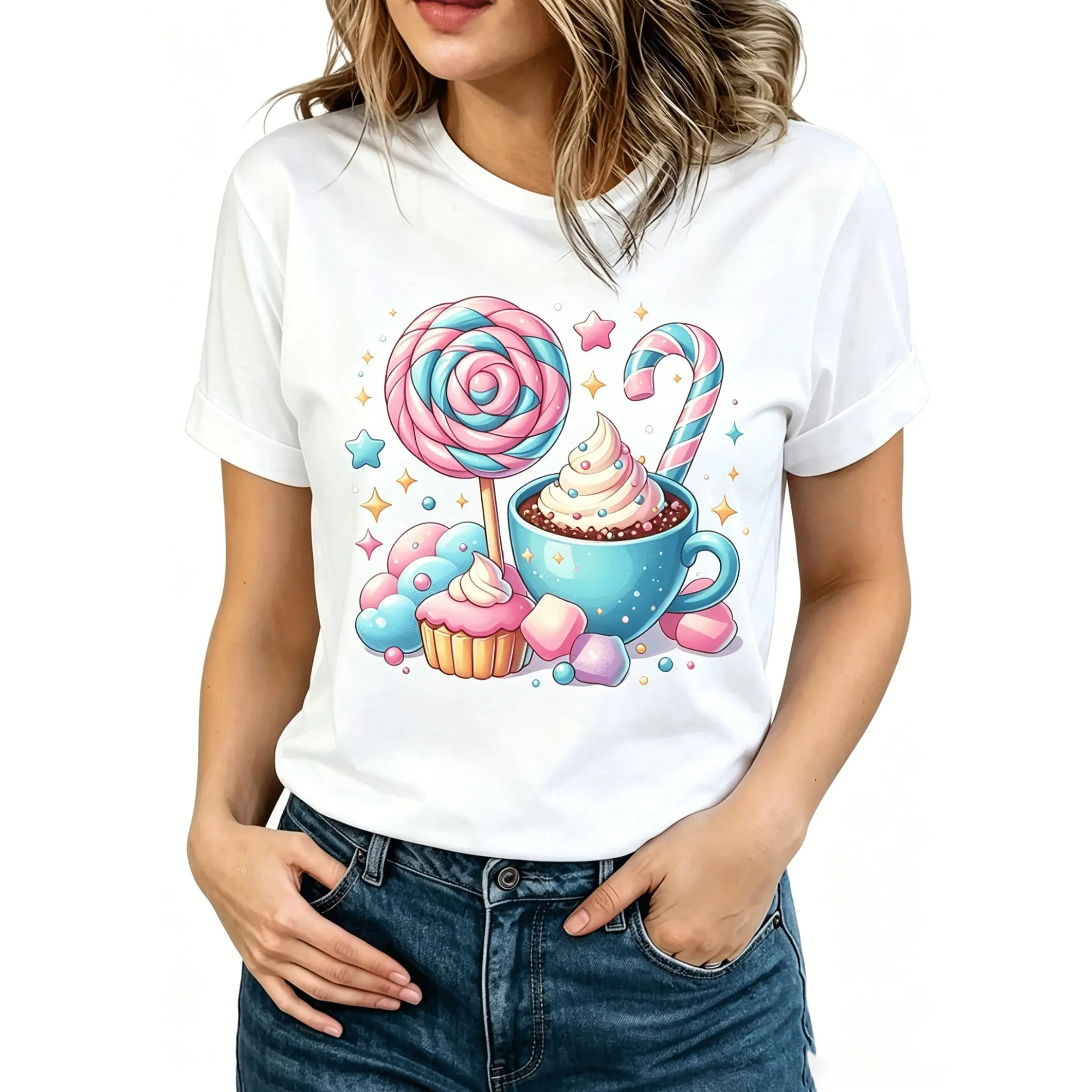 Women's Candy Theme Short-Sleeve Cotton Knit T-Shirt - Soft Cupcake, Lollipop & Sprinkle Prints, Pastel Blue Sweet Design, Round Neck Casual Summer Top, Suitable for Theme Parties & Daily Wear, Machine Washable Comfortable Fit, Shortsleeve, Fabric, Chic