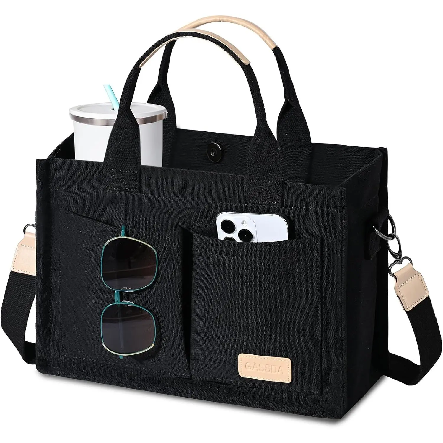 Women's Canvas Tote Bag with Multiple Pockets, Top Handles - Crossbody Work/Travel Satchel Handbag for Nurses