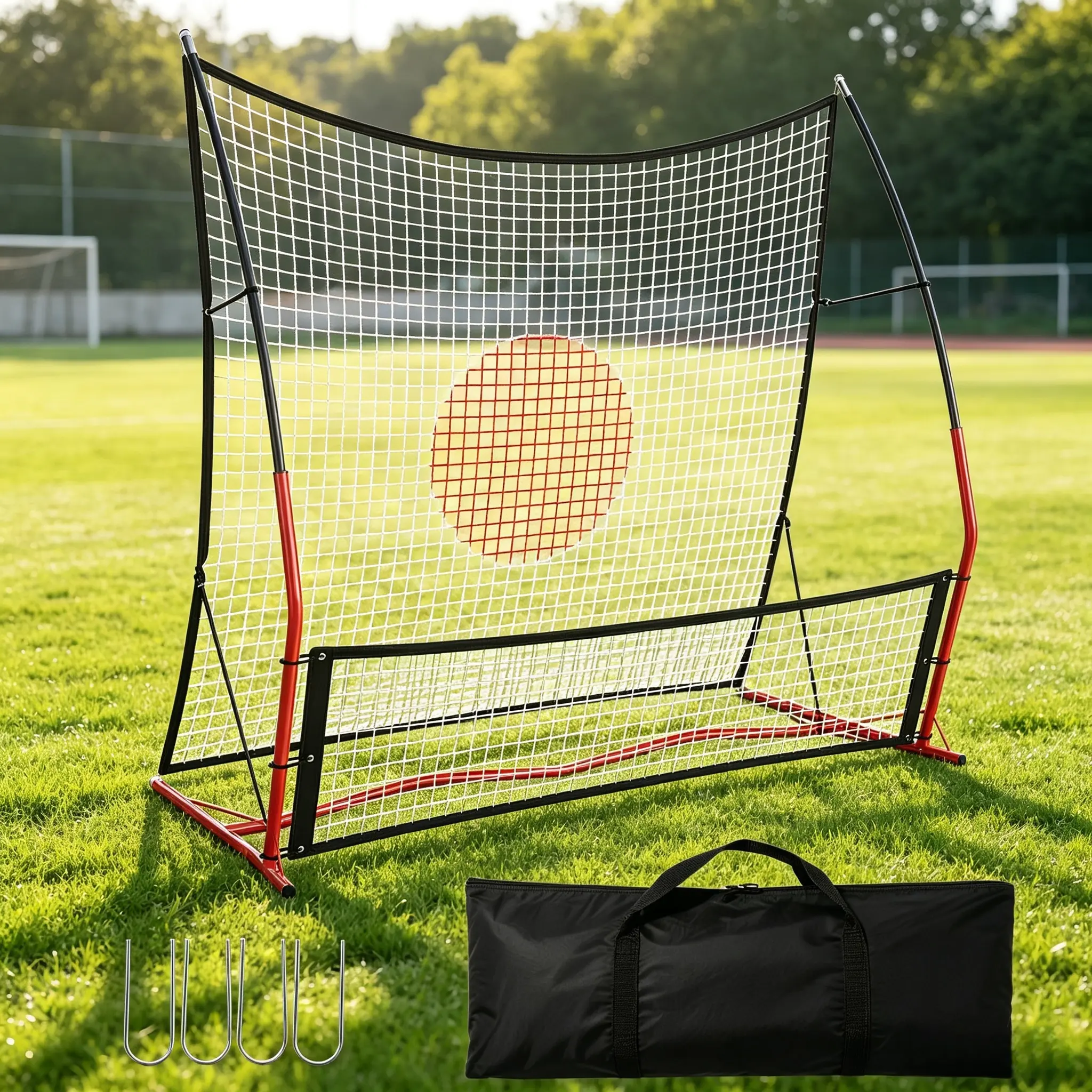 2-in-1 Adjustable Soccer Rebounder Net, 6x4.7FT & 6x16FT Football Trainer, Portable Training Objective with Carry Bag and 4 Ground Spikes, Multiple Training Modes for Indoor & Outdoor Solo and Team Practice