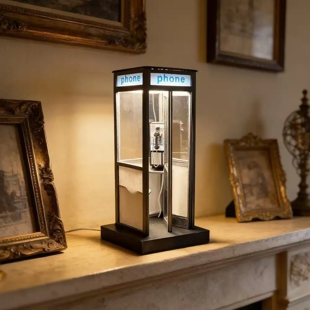 Vintage Phone Booth Table Lamp, Mini Creative Desktop Craft, Home Decor Ornament, Gift Collection, Retro Style Desk Light