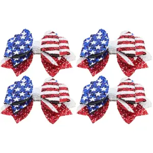 4pcs 4th of July Patriotic Hair Bow Clips - 3. 5 Inch American Flag Ribbon Alligator Barrette - Red White Blue Independence Day Hair Accessories for Kids Girls Party