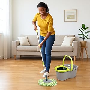 Spin Mop and Set - Microfiber Mop Head with Extendable Handle and Easy Wring - Multi Surface System for Wet Mopping