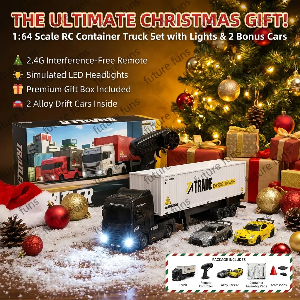 1/64 RC Semi Truck Set, Remote Controlled Vehicle, Detachable Container & Flatbed Interchangeable Trailers, Remote Control with LED Lights & Music, Rechargeable Mini Transport Truck, Includes 2 Pull-Back Cars & Traffic Cones, Collectible Model Toy