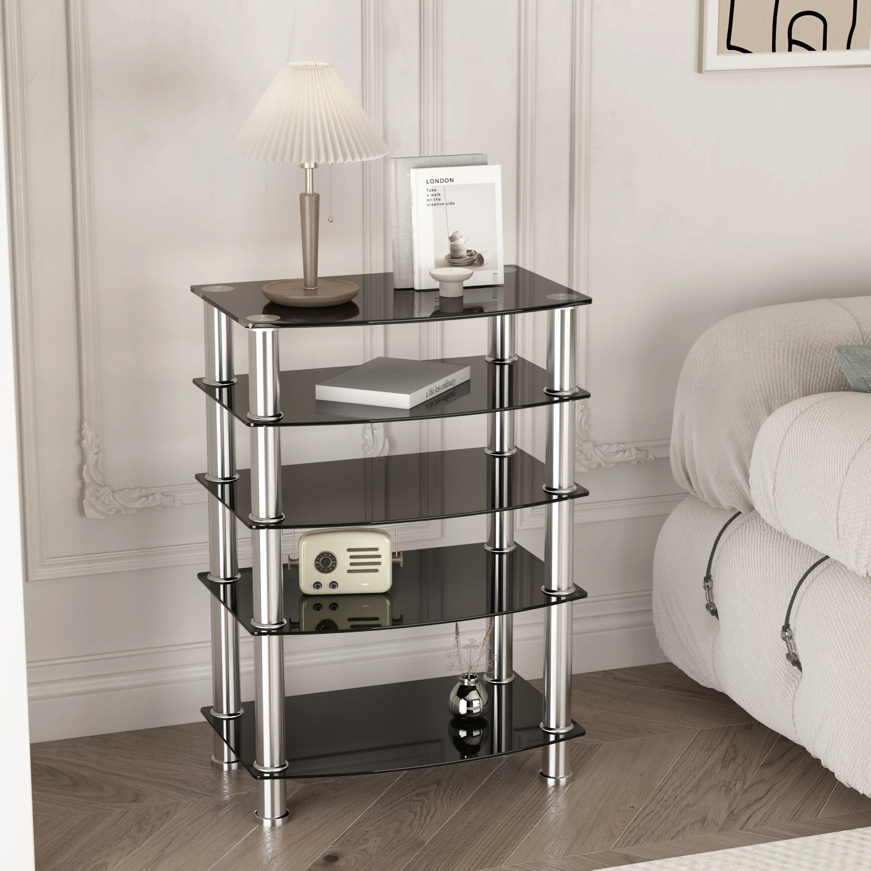Minimalist 5-Tier Tempered Glass & Metal Side Table with Stainless Steel Frame, Compact Assembly-Required End Table with Comprehensive Accessories Set for Living Room, Bedroom