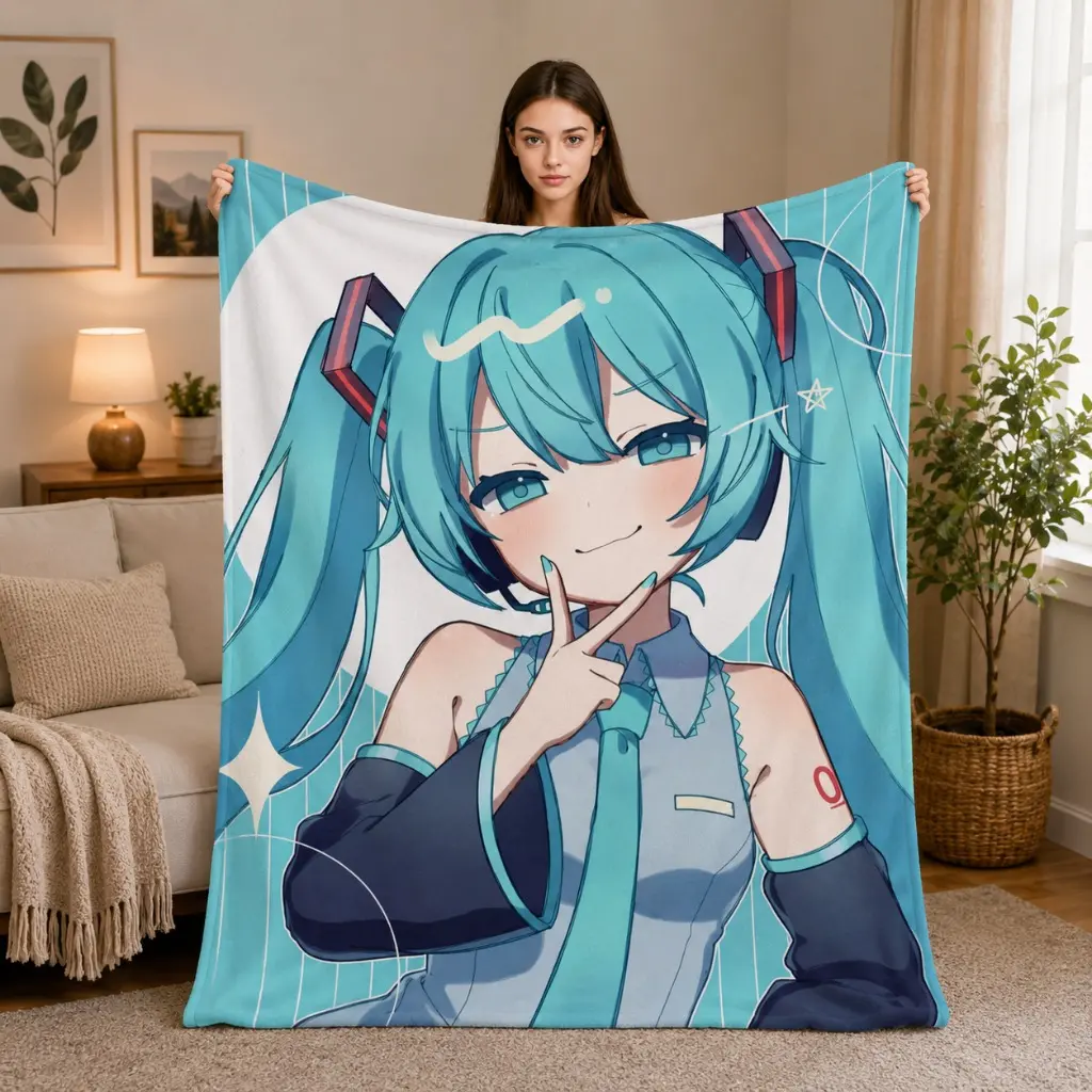 Hatsune Miku Peace Sign Teal Flannel Throw Blanket Tapestry - Vocaloid Anime Art Design, Soft Microfiber, Fade-Resistant, Multi-Size, Cozy for Anime Fans, Ideal Birthday or Christmas Gift