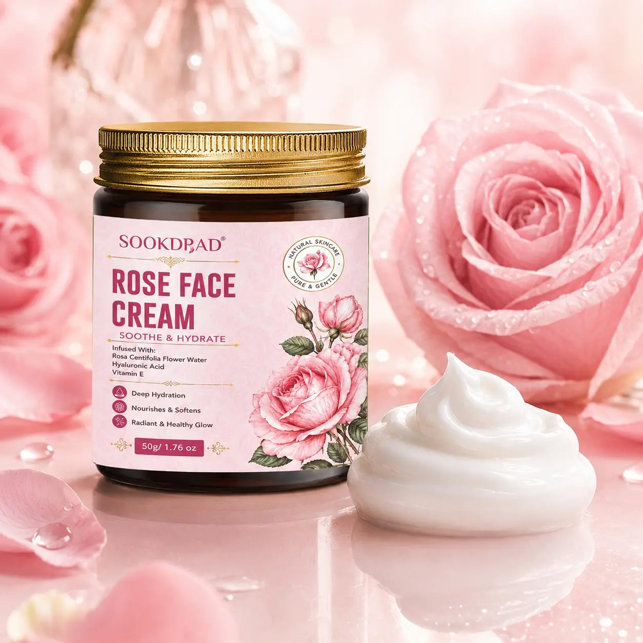 Rose Face Cream, infused with Rosa Centifolia Flower Water, Hyaluronic Acid, Vitamin E, soothe and hydrate, deep hydration, nourishes and softens, radiant and healthy glow, for face, natural skincare,