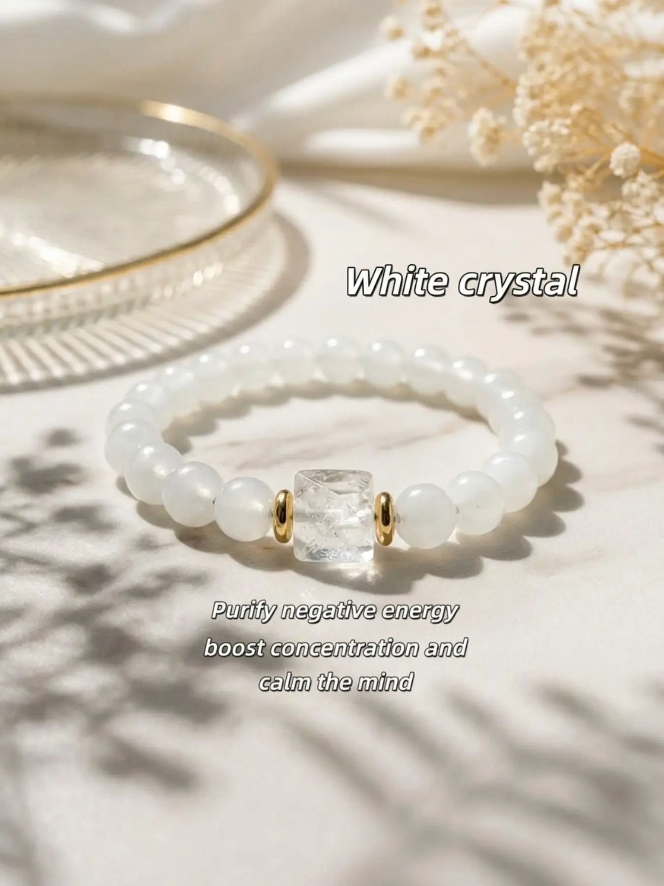 Elegant and refined white crystal stretch bracelet featuring natural white crystal cube beads for a perfect fit Crystal Beaded Bracelet