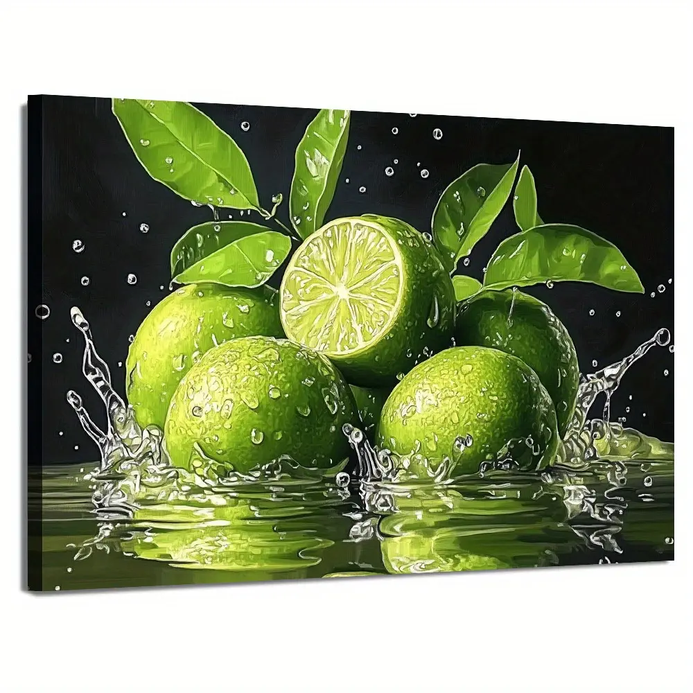 1-Piece Modern Abstract Lime & Orange Fruit Splash Wall Art - 2D Print, Gallery-Wrapped Canvas with Wooden Frame, Vibrant Citrus Home Decor for Living Room, Bathroom, Thanksgiving, Father's Day, Wedding Scandinavian Minimalist Gift