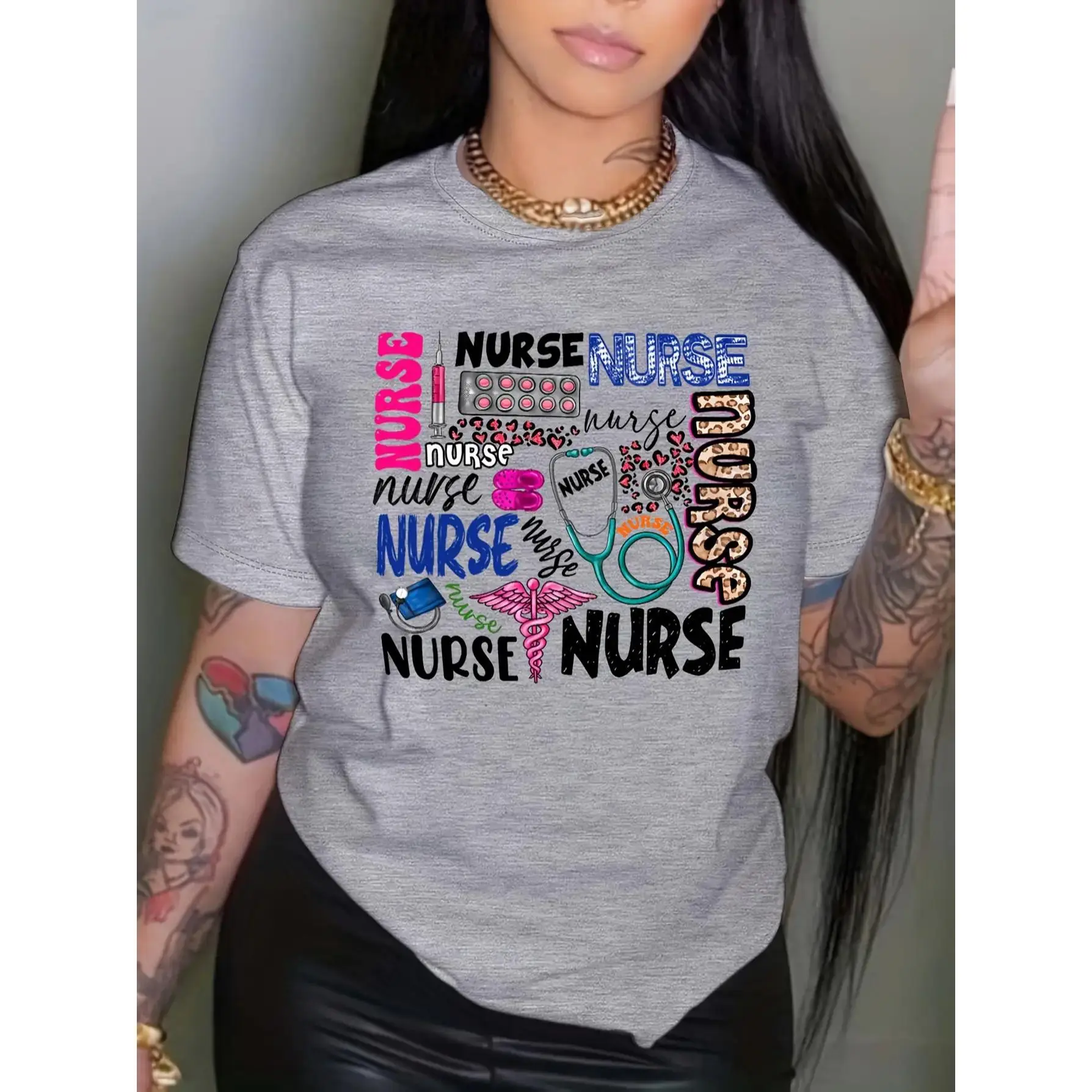 Nurse Pattern Printed Short-Sleeve Round Neck Fit T-Shirt - Casual Style, Polyester Fiber, Letter Design, Regular Length, Spring and Summer Sports Top, Shortsleeve
