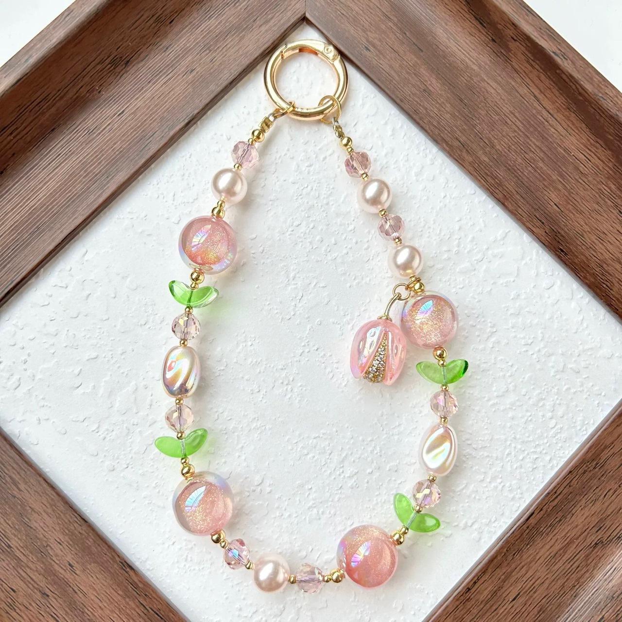 Original phone lanyard wrist strap dopamine phone chain beaded pink pistachio light luxury high-end anti-loss hanging chain