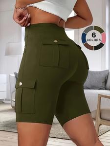 Women's High Waist Pocket Shorts, Slim-Fit Elastic Running Pants, Casual Spring & Fall Outdoor Sports Wear, Comfortable Fit, High Waisted Shorts