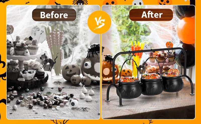 Halloween Decorations Indoor,Halloween Decor- Set of 3 Halloween Witches Cauldron Candy Serving Bowls on Rack,Black Plastic Cauldron with Skeletons for Indoor Outdoor Home Kitchen Decoration