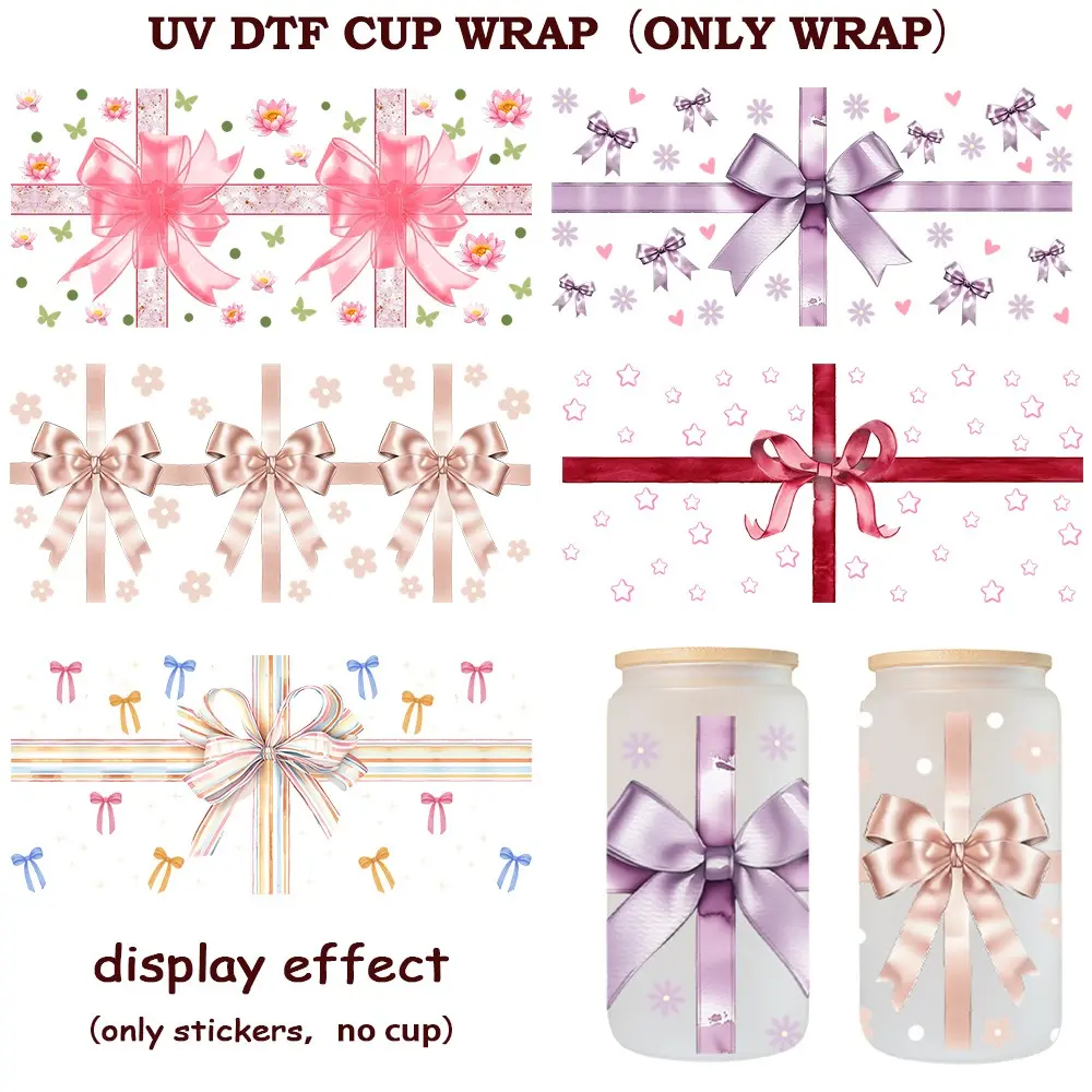 5 Pcs Cute Bowknot Theme UV DTF Stickers, DIY Stickers for 16oz Glass Cups, Mugs, Woodcraft, Water Bottles, Christmas Decor