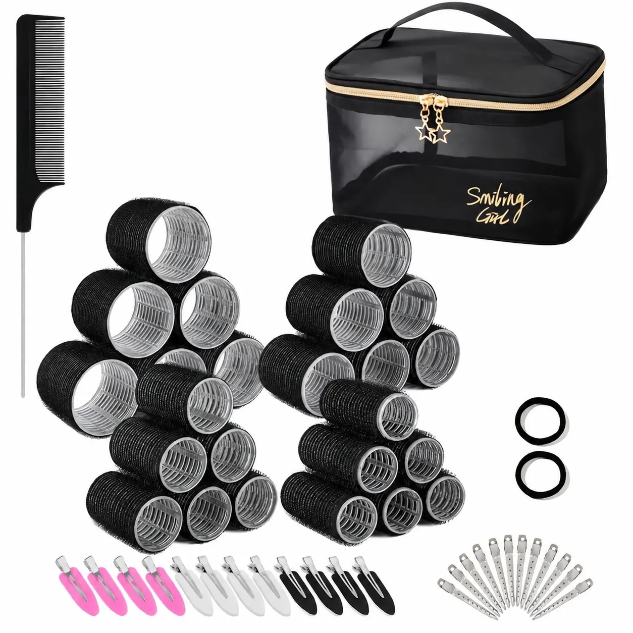 Professional Heatless Hair Curling Set with Eight-Shape Foam Rods, Includes Adjustable Clips and Detangling Comb for Effortless Overnight Styling and Natural-Looking Beach Waves