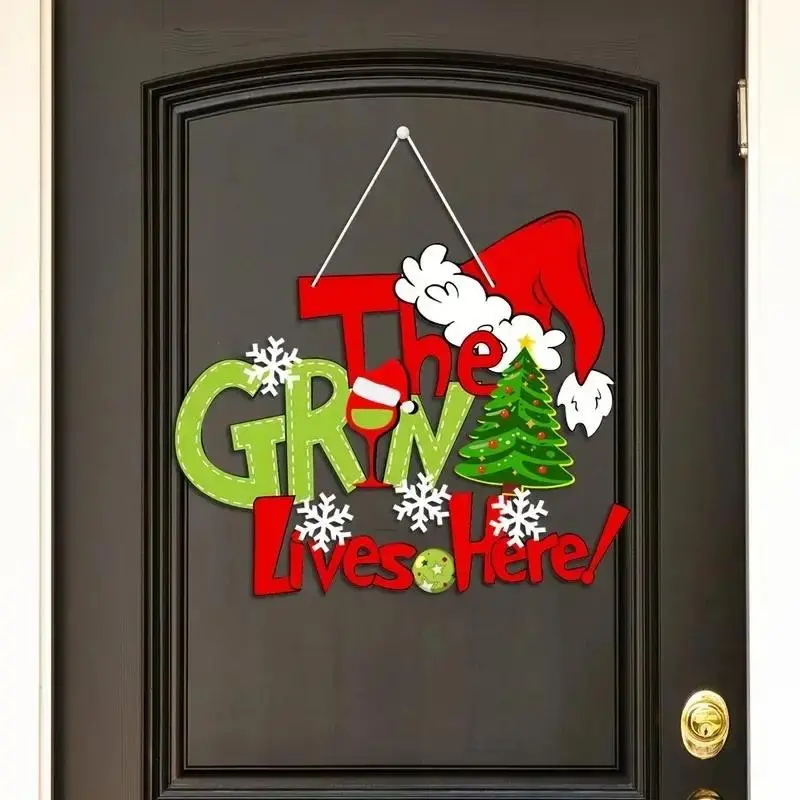 Antique Pine Wood Holiday Door Sign, Festive Christmas Wall Hanging Decor, Snowflakes, Trees, Hats, Multifunctional Indoor Outdoor Decoration